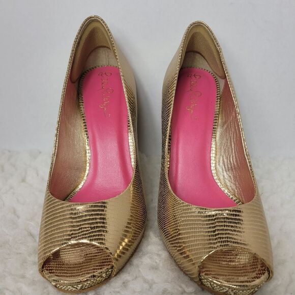 Lilly Pulitzer Women's Shoes Size 5.5  Gold Resort Chic Peep Toe Wedge Pumps - Picture 8 of 10